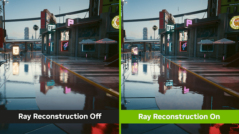 NVIDIA DLSS Ray Reconstruction comparison showing enhanced ray-traced reflections in a city street scene.