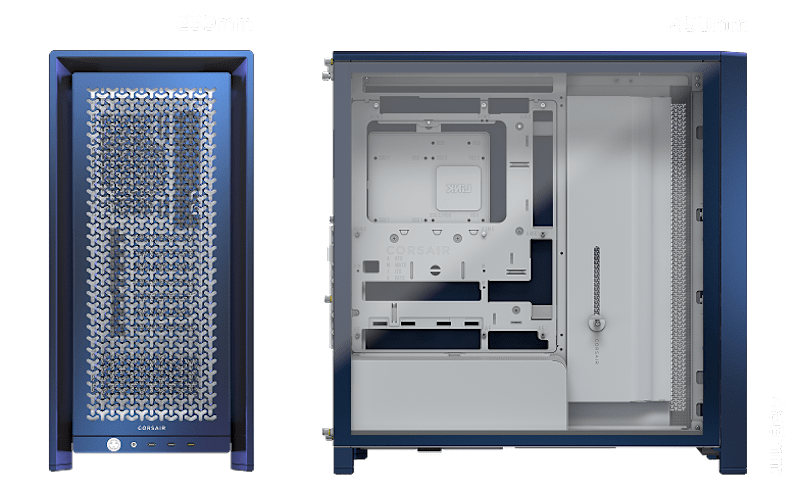 CORSAIR FRAME 4000D Vault Nova colorway case dimensions showing exterior and interior component views.