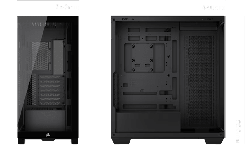 CORSAIR a7500 PC case dimensions diagram showing 240mm width with exterior and interior side views at 460×506mm.