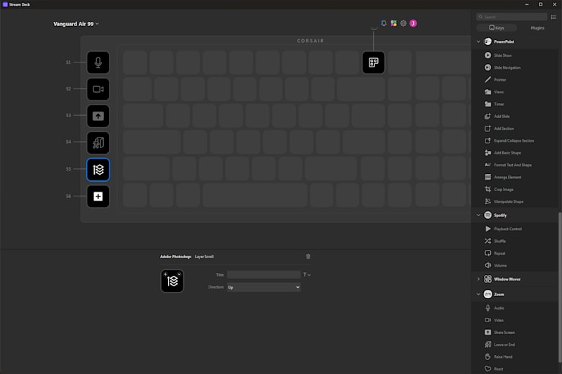VANGUARD AIR 99 keyboard in Stream Deck software with configurable keys and app plugins including PowerPoint, Spotify, and Zoom.