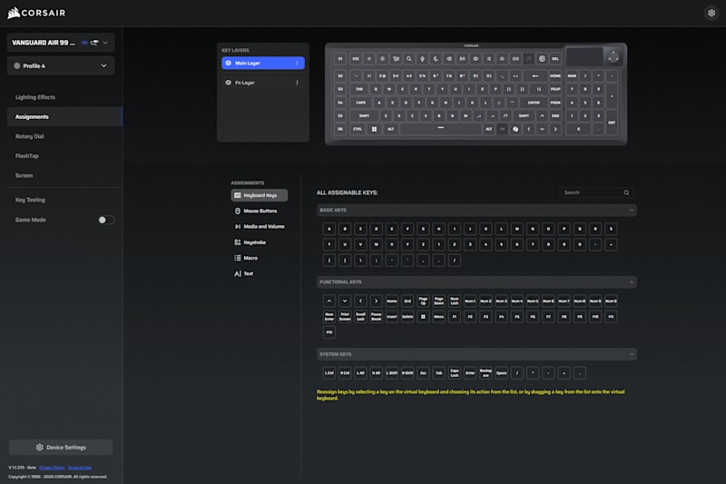 VANGUARD AIR 99 keyboard shown in the iCUE web app interface with key layer assignments and assignable key list.