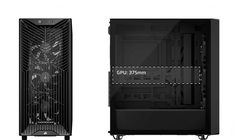 3200D RS Black PC case dimensions diagram showing 219mm width, 458mm depth, 495mm height and 375mm GPU clearance