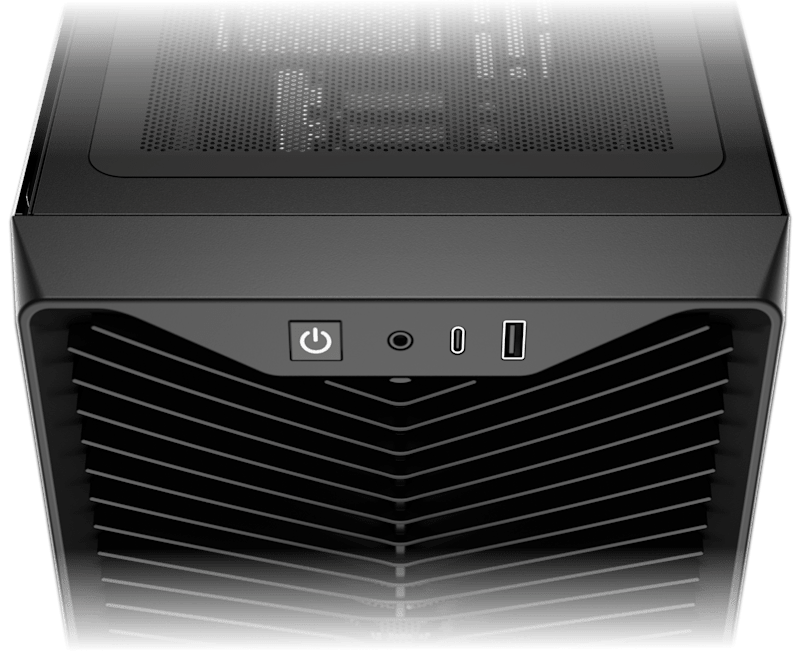 3200D RS Black case top panel showing power button, USB-C, USB-A and headphone jack, modern front panel IO