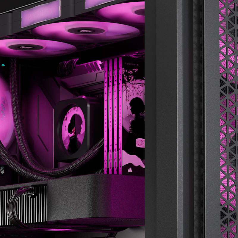 CORSAIR SHUGO DDR5 RAM installed in a gaming PC, glowing teal with anime-inspired artwork under dramatic RGB lighting.